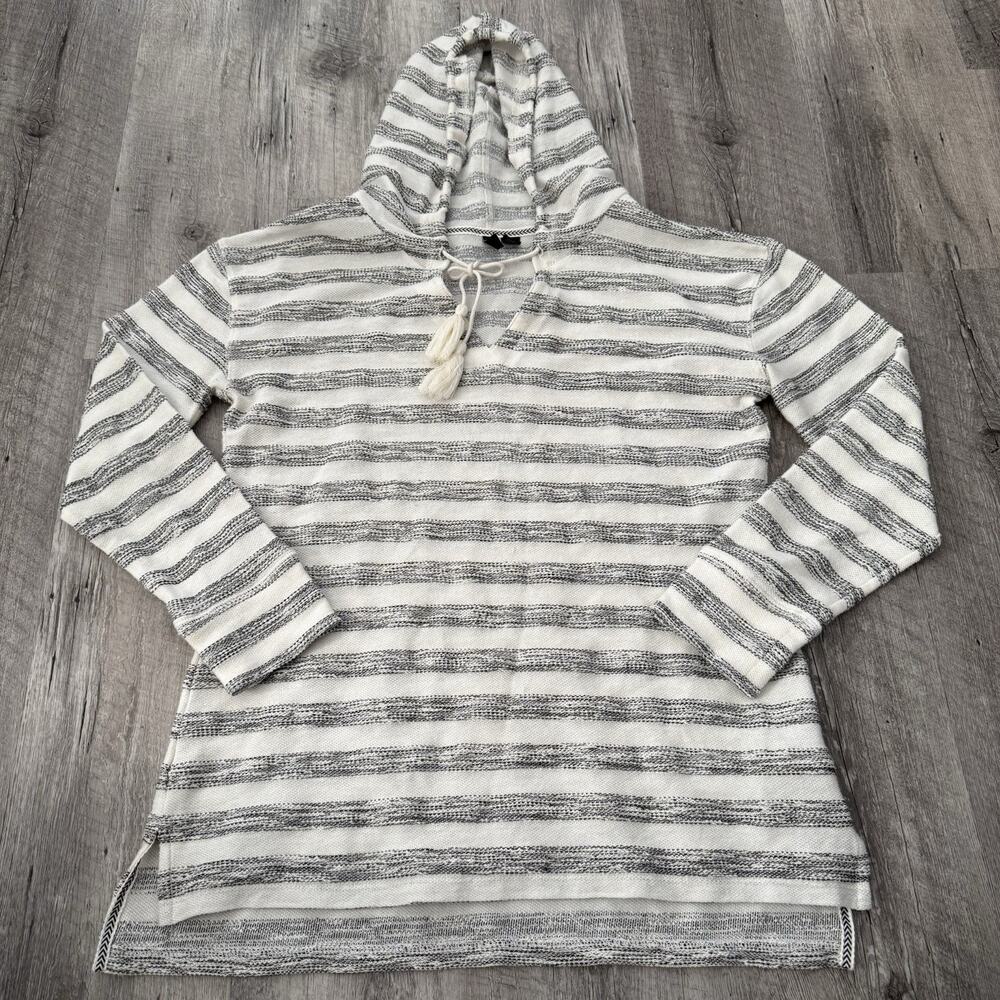 Cynthia Rowley Hooded Long Sleeve Top Womens Large Knit Ivory Striped Pullover